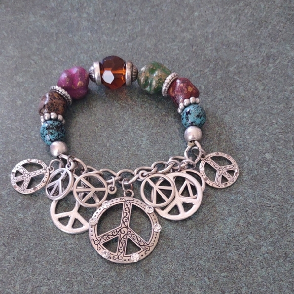 Jewelry - Multicolored Beaded Bracelet with Silver Peace Charms